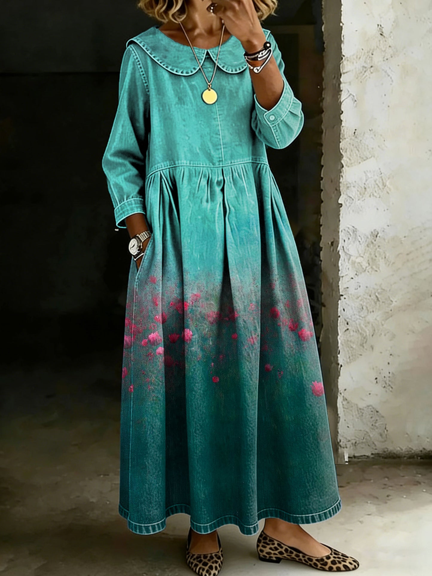 Women's Vintage Flower Peter Pan Collar Long-sleeved Casual Loose Denim Dress