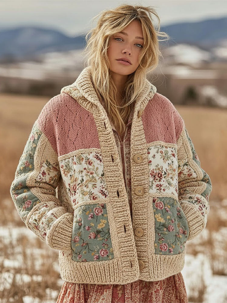 Women's Floral Patchwork Comfortable Hooded Knitted Sweater