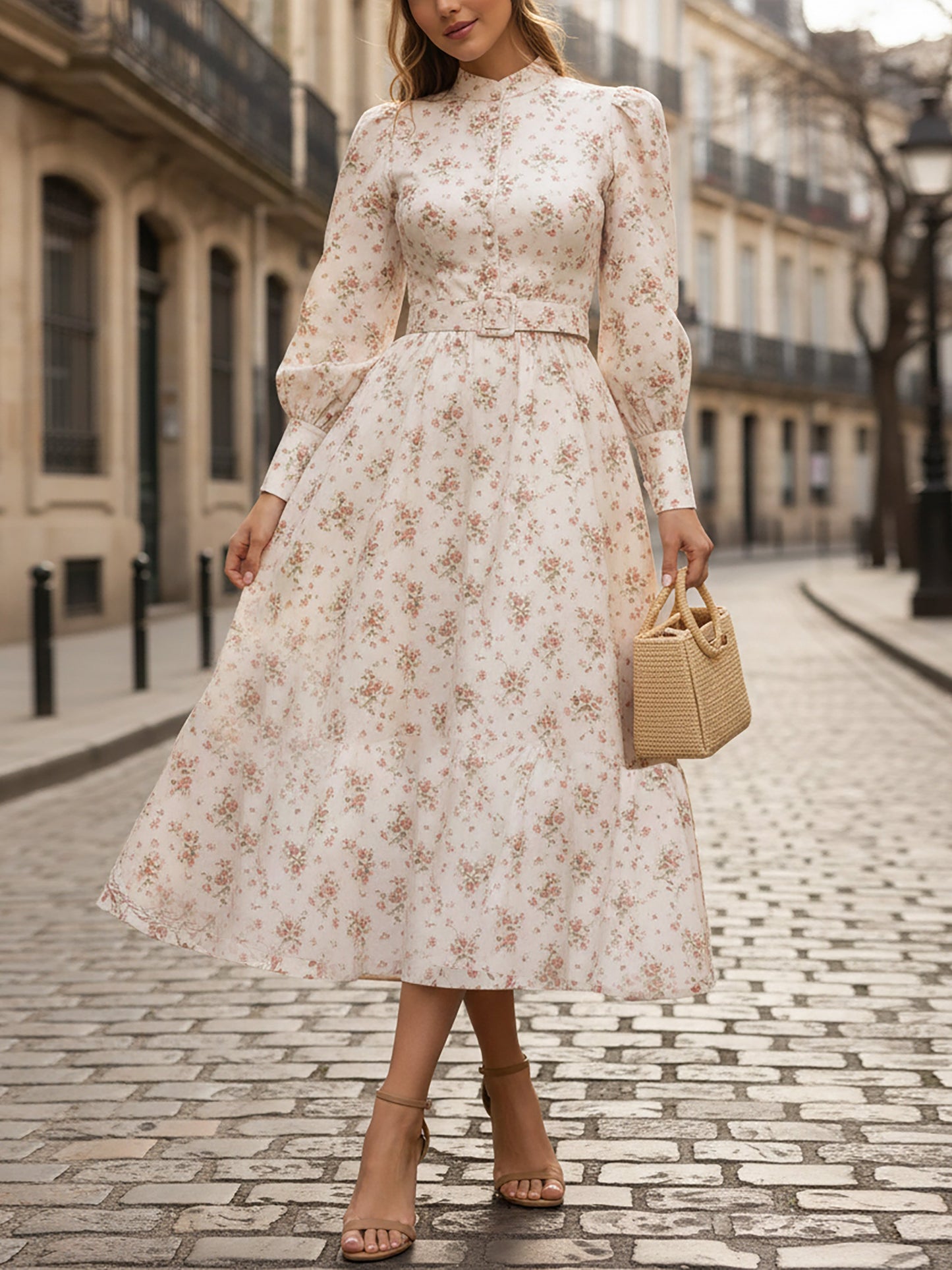 Midi Linen Dress, Long Sleeves, Stand Collar, Floral, Button Design, Vacation, Vintage, Pink