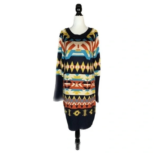 Abito Maglia Lunghissimo Donna Motivo Geometrico Boho