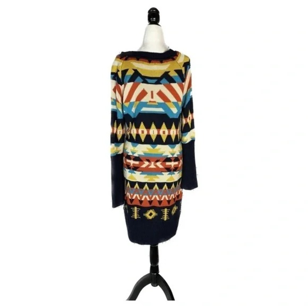 Abito Maglia Lunghissimo Donna Motivo Geometrico Boho